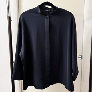 UNIQLO Navy Blue Drape Blouse 3/4 Sleeve Oversized Shirt Jacket - size L